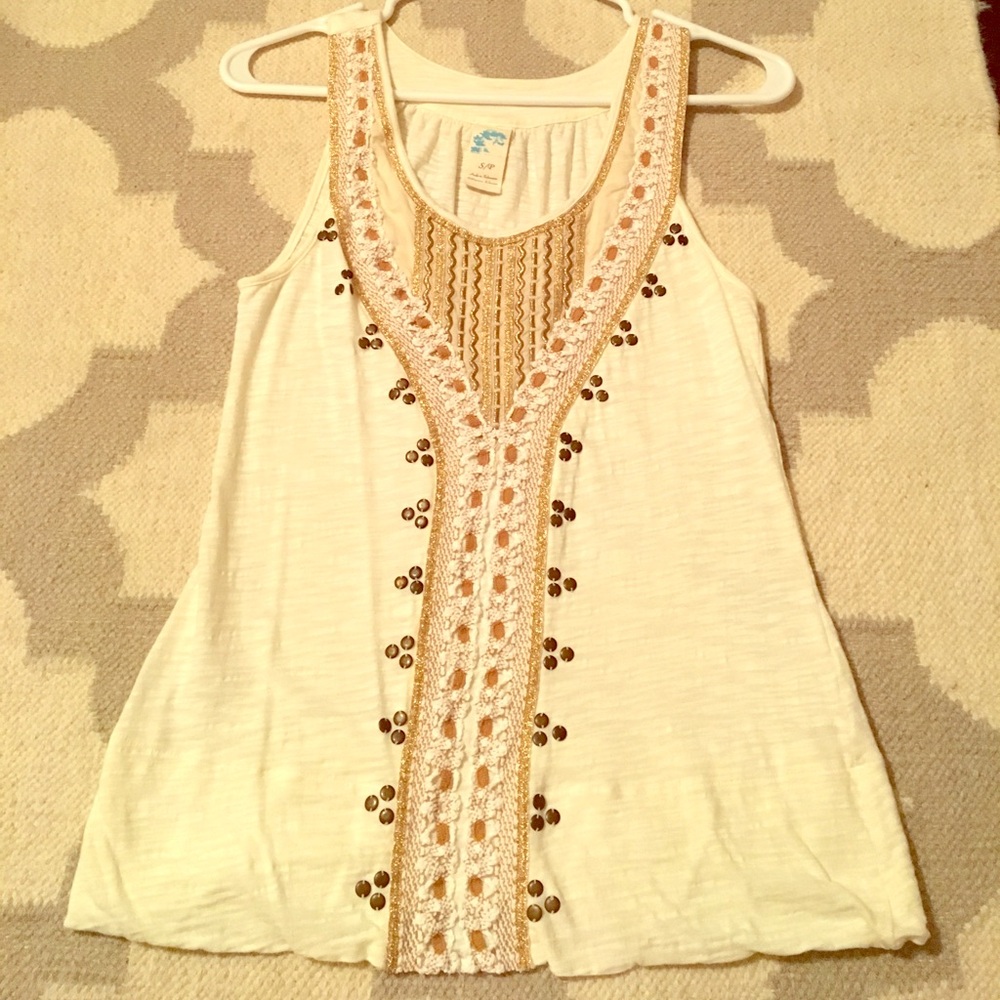 Anthropologie Cream Embroidered Crochet-Trim Tank Top